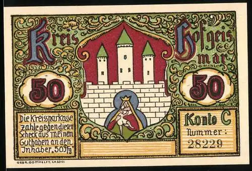 Notgeld Hofgeismar, 50 Pfennig, Abbildung der Burg Trendelburg und Stadtansicht