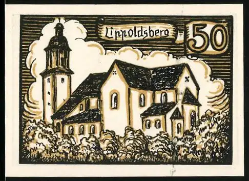 Notgeld Hofgeismar, 50 Pfennig, Lippoldsberg, Kirche und Säulen, Kreis Hofgeismar