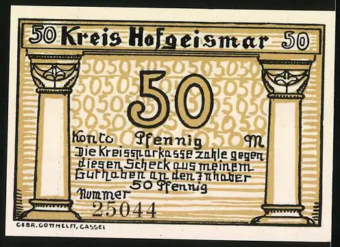 Notgeld Hofgeismar, 50 Pfennig, Lippoldsberg, Kirche und Säulen, Kreis Hofgeismar