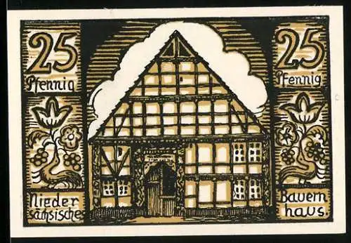 Notgeld Hofgeismar, 25 Pfennig, Fachwerkhaus und Innenhofillustration