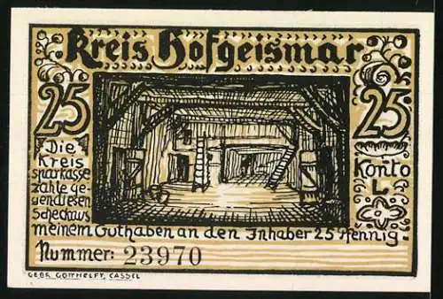 Notgeld Hofgeismar, 25 Pfennig, Fachwerkhaus und Innenhofillustration