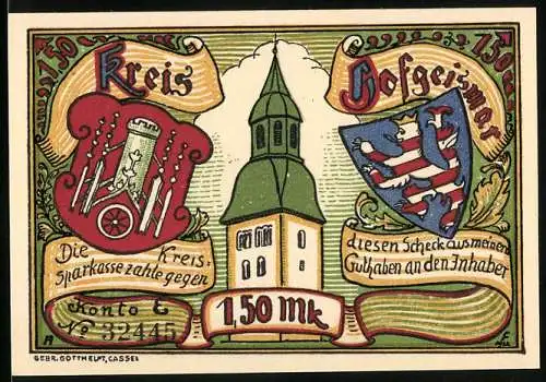 Notgeld Hofgeismar, 1,50 Mark, Kirche mit Wappen und Ochse mit Pflug vor Stadtansicht