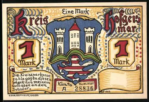 Notgeld Hofgeismar, 1 Mark, Kreis Hofgeismar, Stadtansicht Immenhausen mit Wappen und Befestigungsanlagen