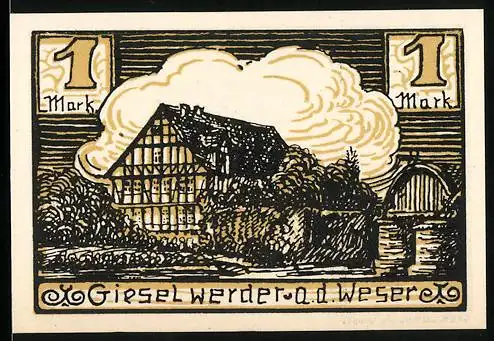 Notgeld Hofgeismar, 1 Mark, Fachwerkhaus und Landschaft Gieselwerder a.d. Weser