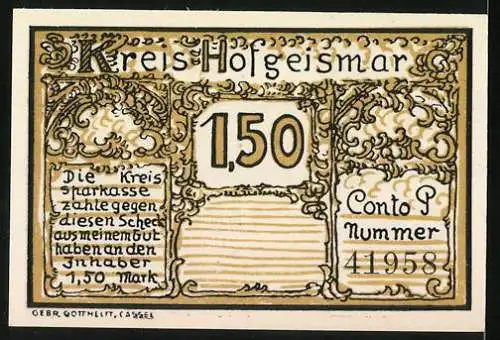 Notgeld Hofgeismar, 1,50 Mark, Schloss Wilhelmsthal Abbildung, Conto P Nummer 41958