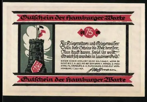 Notgeld Hamburg 1921, 75 Pfennig, Gutschein der hamburger Warte mit Turm und CARITAS-Motiv