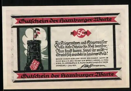 Notgeld Hamburg 1921, 50 Pfennig, Gutschein der Hamburger Warte, Kriegerdenkmal und Kreuzigungsszene