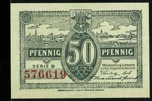 Notgeld Schwerin / Mecklenburg 1922, 50 Pfennig, Serie D, Freistaat Mecklenburg, gültig bis 1. Mai 1922