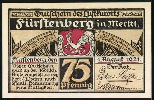 Notgeld Fürstenberg 1921, 75 Pfennig, Angler im Boot und Landschaftsszene