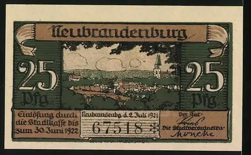 Notgeld Neubrandenburg, 1921, 25 Pfennig, mit Stadtansicht und Kirche, Serie 67518