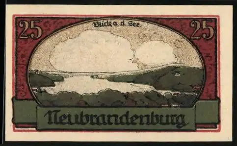 Notgeld Neubrandenburg, 1921, 25 Pfennig, Ansicht auf See und Stadt mit Seriennummer