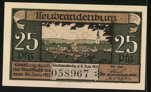 Notgeld Neubrandenburg, 1921, 25 Pfennig, Ansicht auf See und Stadt mit Seriennummer