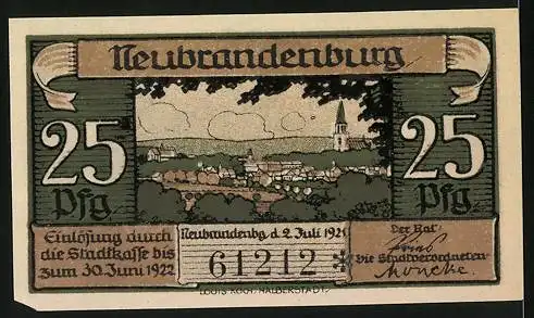 Notgeld Neubrandenburg, 1921, 25 Pf, Belvedere und Stadtansicht mit Stadtkirche