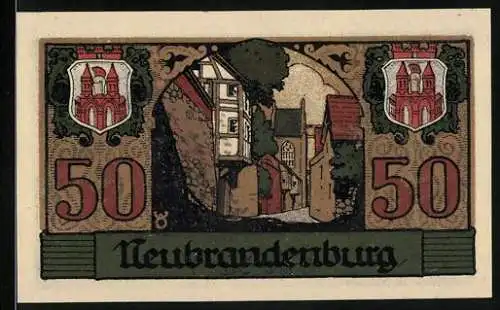 Notgeld Neubrandenburg, 1921, 50 Pfennig, Stadtansicht mit Wappen und Kirche