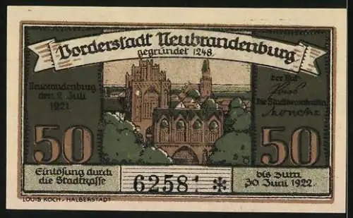 Notgeld Neubrandenburg, 1921, 50 Pfennig, Stadtansicht mit Wappen und Kirche