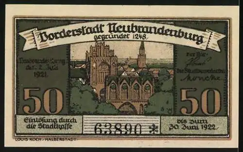 Notgeld Neubrandenburg, 1921, 50 Mark, Motiv Rathaus und Kirche, Seriennummer 63890