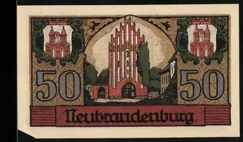 Notgeld Neubrandenburg, 1921, 50 Mark, Kirche und Wappen, Stadtansicht und Gültigkeitsdatum