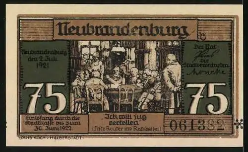 Notgeld Neubrandenburg, 1921, 75 Pfennig, Szene in Werkstatt und Ratskeller mit Sprüchen