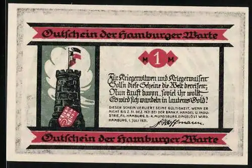 Notgeld Hamburg 1921, 1 Mark, Gutschein der Hamburger Warte mit Turm und Soldat im Grab