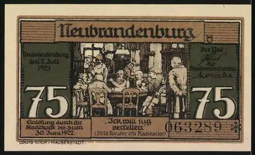 Notgeld Neubrandenburg, 1921, 75 Pfennig, Illustration von Versammlung im Ratskeller und Zitat von Fritz Reuter