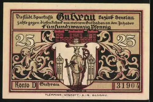 Notgeld Guhrau, 1920, 25 Pfennig, Stadtansicht und Wappen mit Dame und Türmen