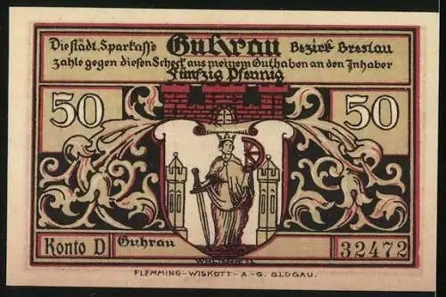 Notgeld Guhrau, 1921, 50 Pfennig, Darstellung der Stadt vor dem Brand von 1759 und Stadtwappen