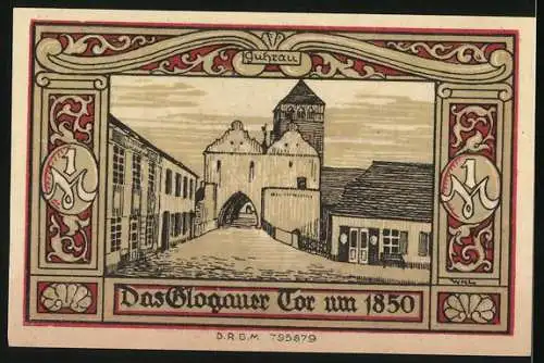 Notgeld Guhrau, 1 Mark, Vorderseite Stadtwappen mit Person und Rückseite Das Glogauer Tor um 1850