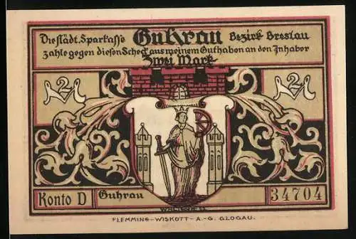 Notgeld Guhrau 1922, Zwei Mark, Stadtwappen mit Justitia, Stadtansicht mit Kirche und Stadtmauer