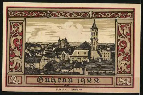 Notgeld Guhrau 1922, Zwei Mark, Stadtwappen mit Justitia, Stadtansicht mit Kirche und Stadtmauer