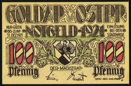 Notgeld Goldap 1921, Eine Mark, Abbildung des neuen Wohnhauses und Stadtwappen mit Adler