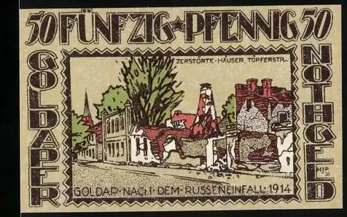 Notgeld Goldap 1921, 50 Pfennig, zerstörte Häuser in der Töpferstrasse und Wappen der Stadt