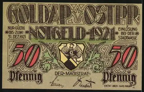 Notgeld Goldap 1921, 50 Pfennig, zerstörte Häuser in der Töpferstrasse und Wappen der Stadt