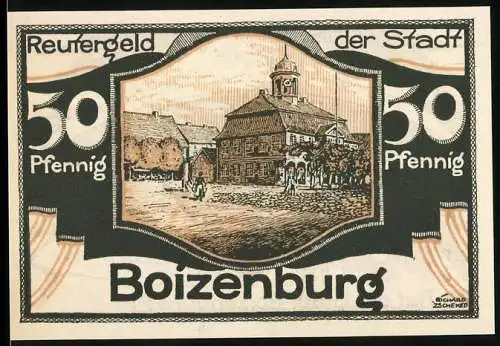 Notgeld Boizenburg 1922, 50 Pfennig, Gebäudeansicht und Stadtwappen