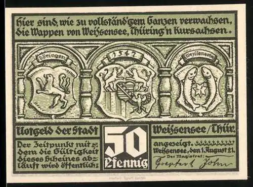 Notgeld Weissensee 1921, 50 Pfennig, Wappen und Stadtansicht