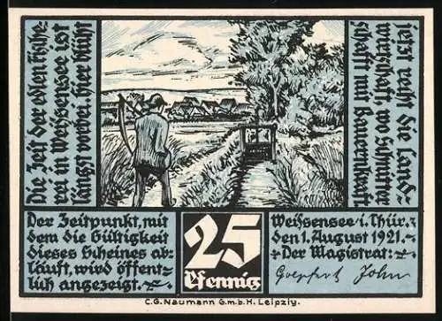 Notgeld Weissensee 1921, 25 Pfennig, Landschaft und Fischbrunnen Zeichnungen