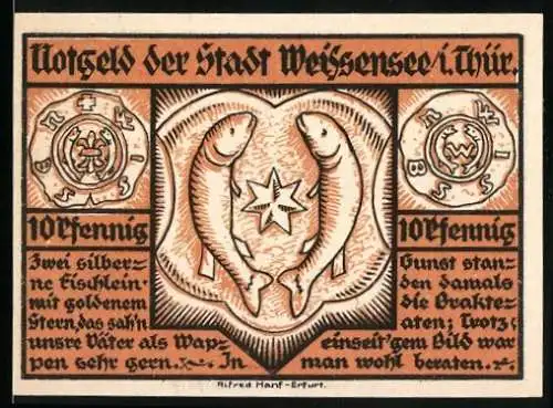 Notgeld Weissensee, 1921, 10 Pfennig, Zwei silberne Fische und Pflanzenornamente