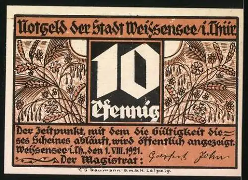 Notgeld Weissensee, 1921, 10 Pfennig, Zwei silberne Fische und Pflanzenornamente