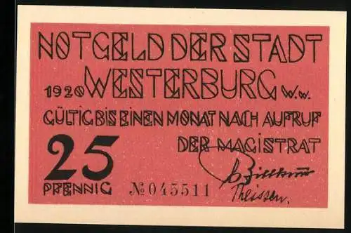Notgeld Westerburg 1920, 25 Pfennig, roter Schein mit Blumendekor und Magistratssignatur