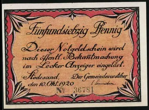 Notgeld Stedesand 1920, 75 Pfennig, Ornamente und Dorfszene mit Menschen am Tisch