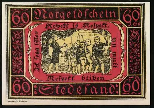 Notgeld Stedesand, 1920, 60 Pfennig, Motiv mit Kindern und Inschrift Respekt is Respekt