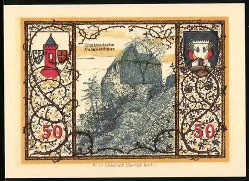 Notgeld Westerburg 1920, 50 Pfennig, Motiv Irmtrautsche Vasallenhaus mit Stadtwappen