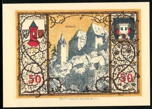 Notgeld Westerburg, 1920, 50 Pfennig, Schloss und Wappen mit Burgturm, Seriennummer 311685