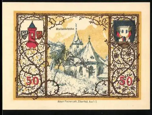 Notgeld Westerburg, 1920, 50 Pfennig, Vorderseite Hallenkirche, Rückseite Schriftzug Westerburg