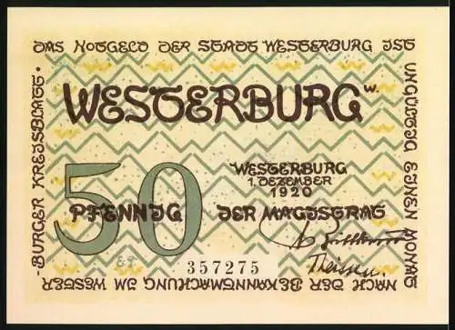 Notgeld Westerburg, 1920, 50 Pfennig, Vorderseite Hallenkirche, Rückseite Schriftzug Westerburg