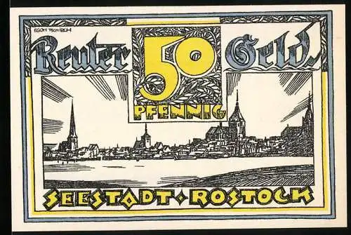 Notgeld Rostock, 1921, 50 Pfennig, Stadtansicht und Segelschiffe