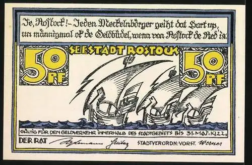 Notgeld Rostock, 1921, 50 Pfennig, Stadtansicht und Segelschiffe