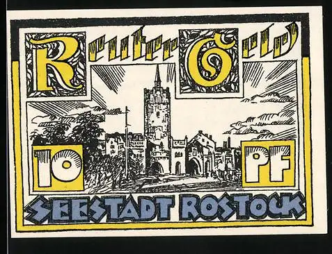 Notgeld Rostock, 10 Pfennig, Darstellung von Stadtansicht und Wappen
