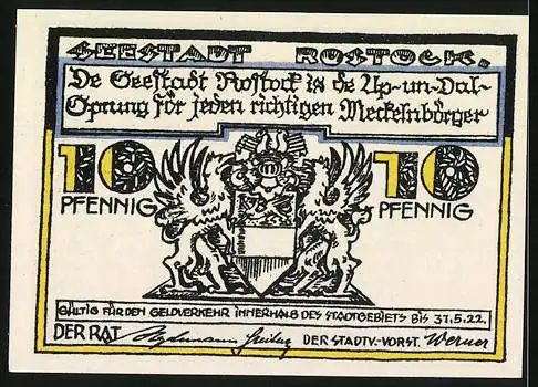 Notgeld Rostock, 10 Pfennig, Darstellung von Stadtansicht und Wappen