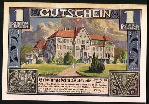 Notgeld Walsrode, 1922, 1 Mark, Das Kloster Walsrode und Erholungsheim Walsrode Illustrationen