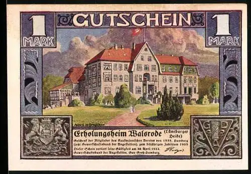 Notgeld Walsrode 1922, 1 Mark, Erholungsheim und Zug Hamburger Kaufleute durch die Heide